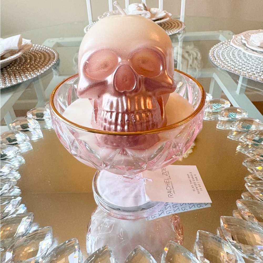 ☠️🩷 PINK SKULL Champagne Glass Candle Rachel Zoe Slay The Day 13 oz NEW